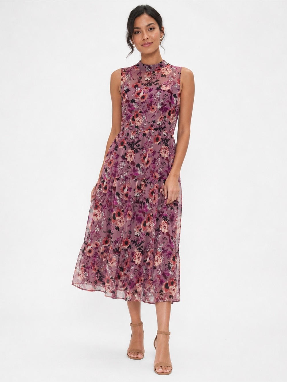 Lulu's Mauve Pink Floral Chiffon Mock Neck Midi Dress XL Wedding Guest